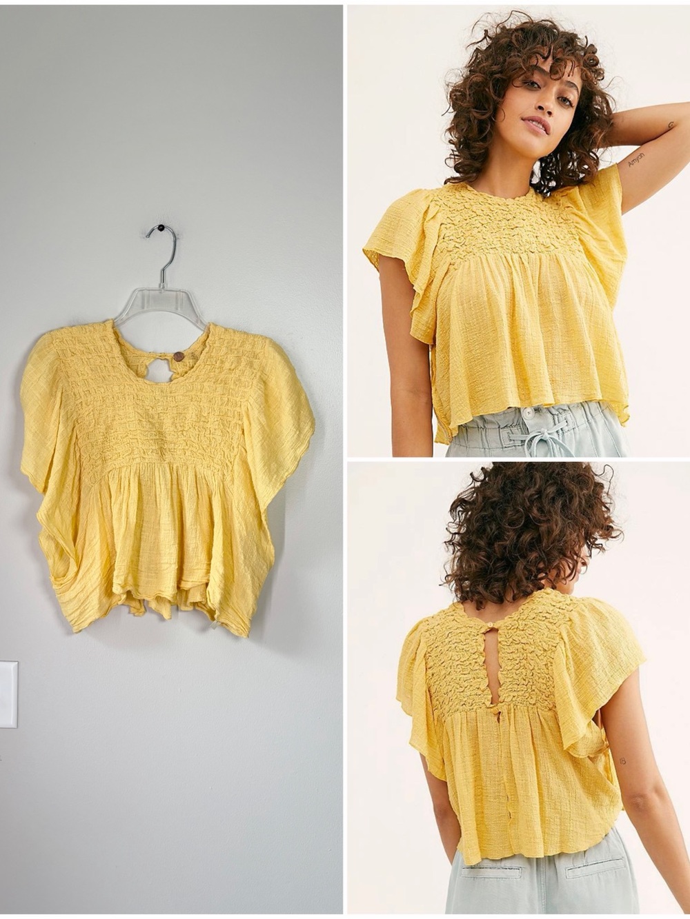 Free People FP One Yellow Hyacinyth Ruched Flowy Open Back Blouse Top Flirty